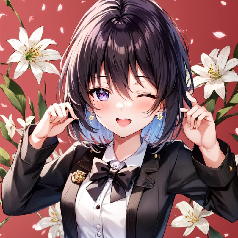 12880-3304514230-1girl, ;d, black bow, black bowtie, black hair, blush, bow, bowtie, branch, cherry blossoms, collared shirt, daisy, earrings, fl.png